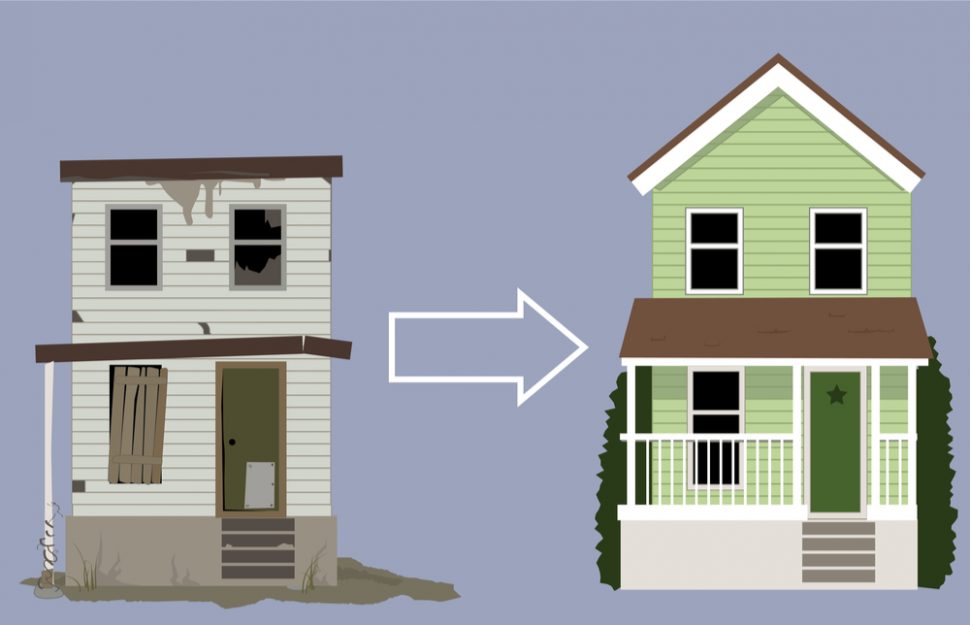 Old, rundown house turned into a nice new two-story home, vector illustration