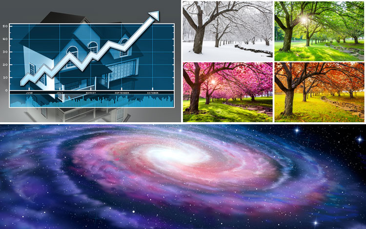 There images of seasons, universe, and housing prices going up
